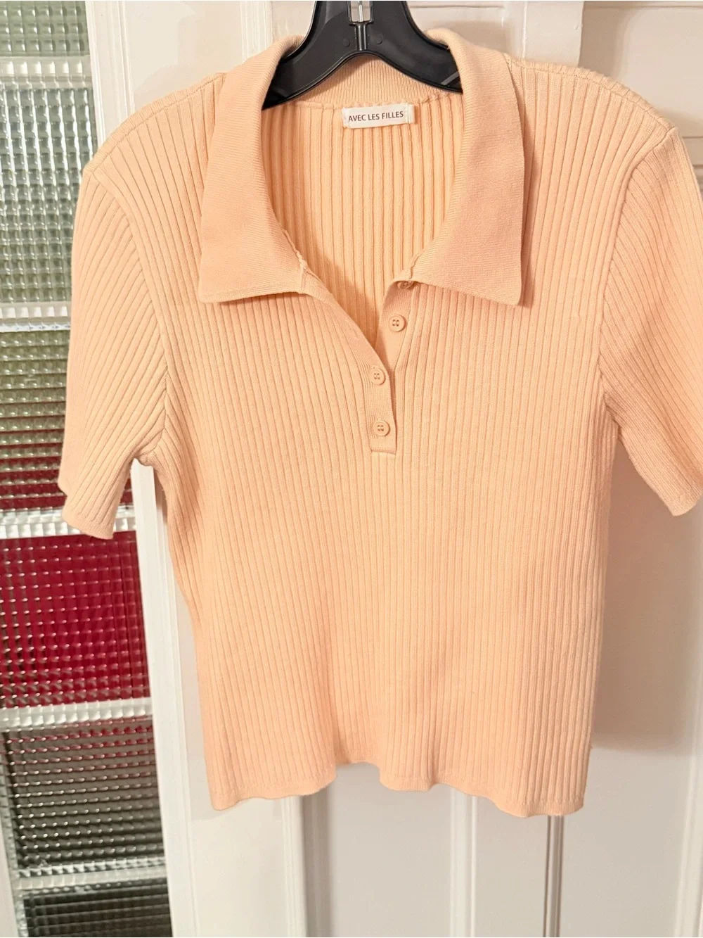 Avec Les Filles Light Peach Ribbed Knit Polo Collared Women’s Sz XL EUC